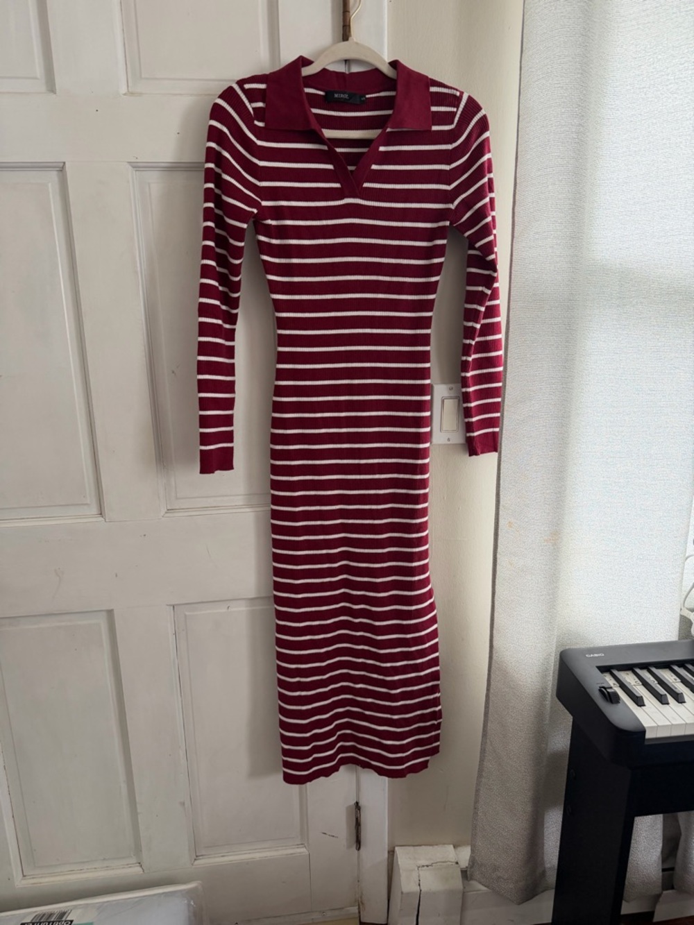 Striped Burgundy and White Knit Maxi Dress with Polo V-Neck